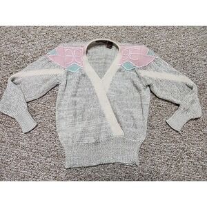 VTG 80s Ginenne Womens Eggshell Pastel  V Neck Wrap Knit Sweater M Angora